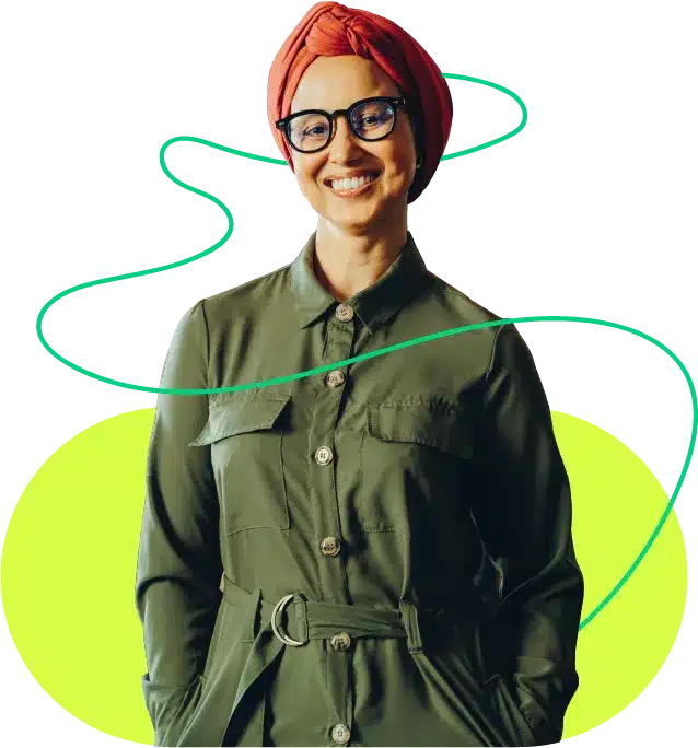 Woman with squigg and capsule branding